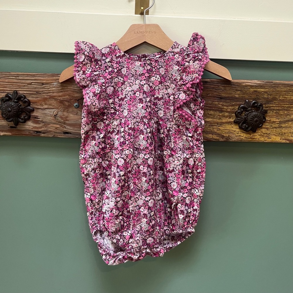 Jamie Kay Girls Purple Floral Flutter Sleeve Pom Pom Trim Romper 2Yrs